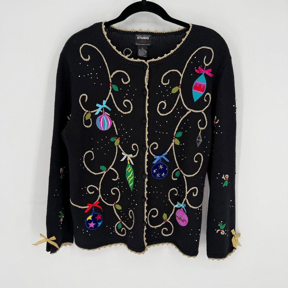 Designs Originals Studio Joy VTG Embroidered Christmas Sweater‎ Cardigan MEDIUM